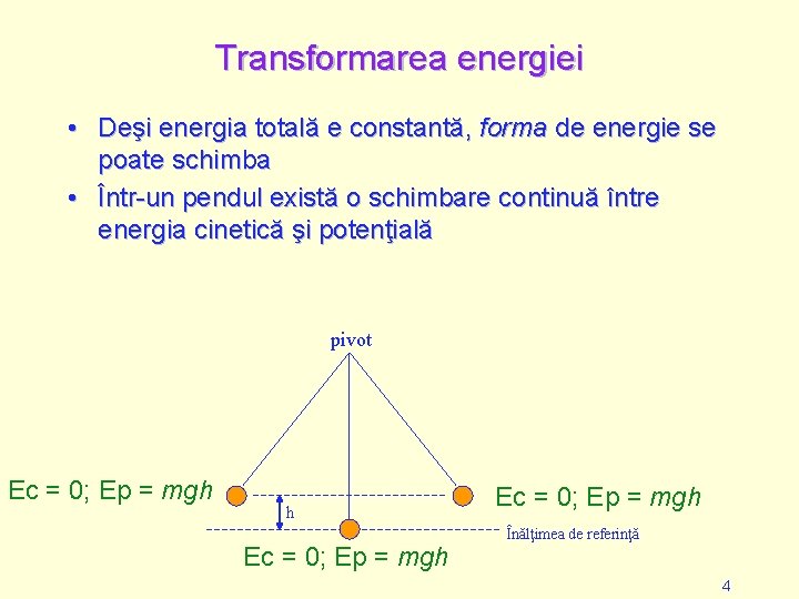 Transformarea energiei • Deşi energia totală e constantă, forma de energie se poate schimba