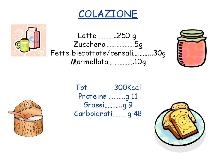 COLAZIONE Latte ………. . 250 g Zucchero……………… 5 g Fette biscottate/cereali………. . . 30