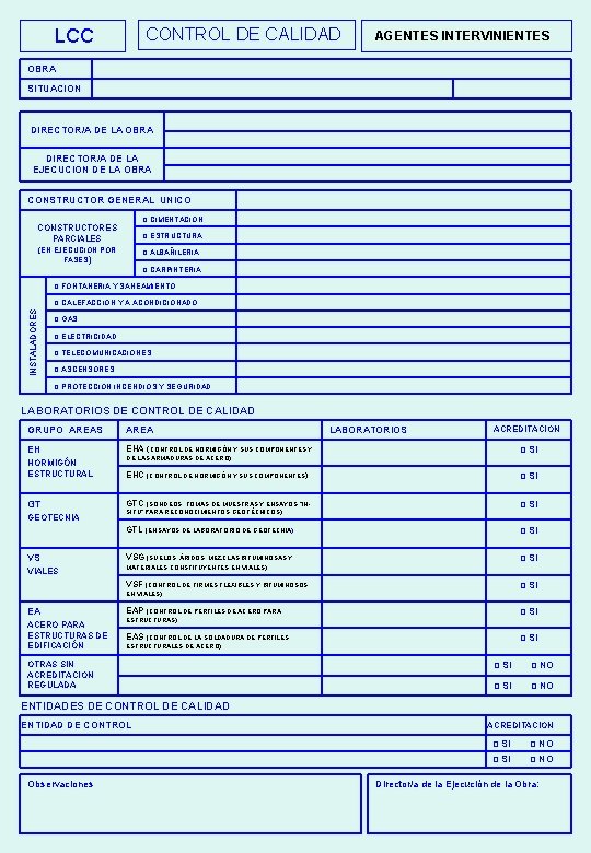 CONTROL DE CALIDAD LCC AGENTES INTERVINIENTES OBRA SITUACION DIRECTOR/A DE LA OBRA DIRECTOR/A DE