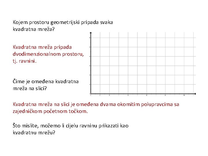Kojem prostoru geometrijski pripada svaka kvadratna mreža? Kvadratna mreža pripada dvodimenzionalnom prostoru, tj. ravnini. Kojem prostoru geometrijski pripada svaka kvadratna mreža? Kvadratna mreža pripada dvodimenzionalnom prostoru, tj. ravnini.