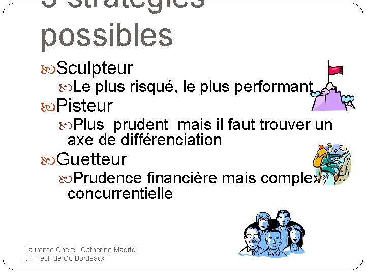 3 stratégies possibles Sculpteur Le plus risqué, le plus performant Pisteur Plus prudent mais