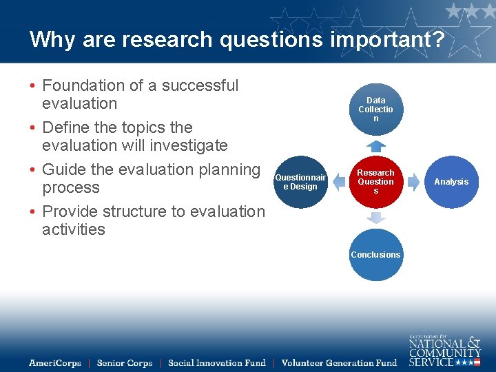 Why are research questions important? • Foundation of a successful evaluation • Define the