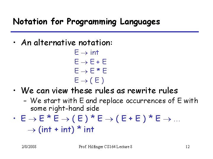 Notation for Programming Languages • An alternative notation: E int E E+E E E*E