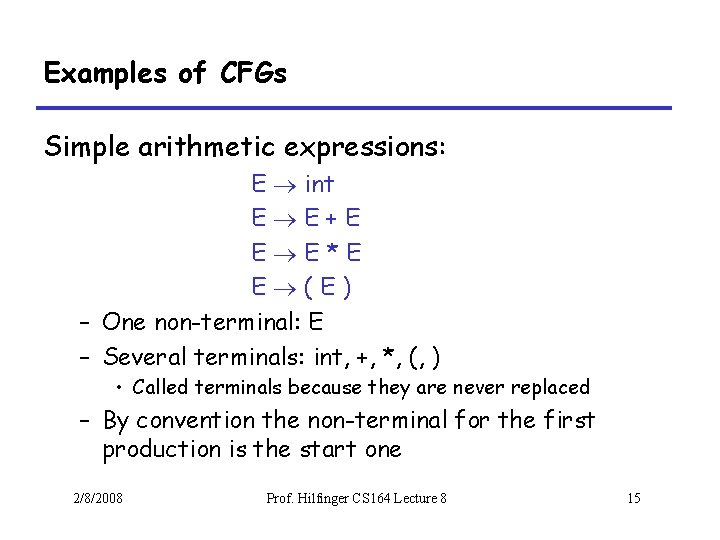 Examples of CFGs Simple arithmetic expressions: E int E E+E E E*E E (E)