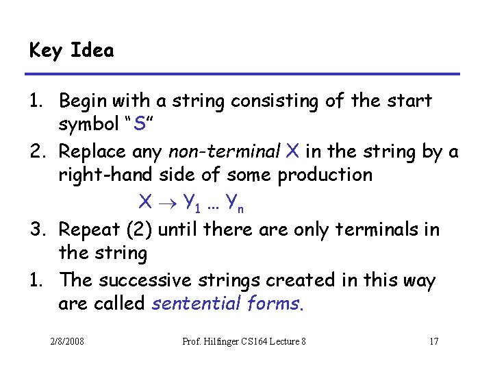 Key Idea 1. Begin with a string consisting of the start symbol “S” 2.