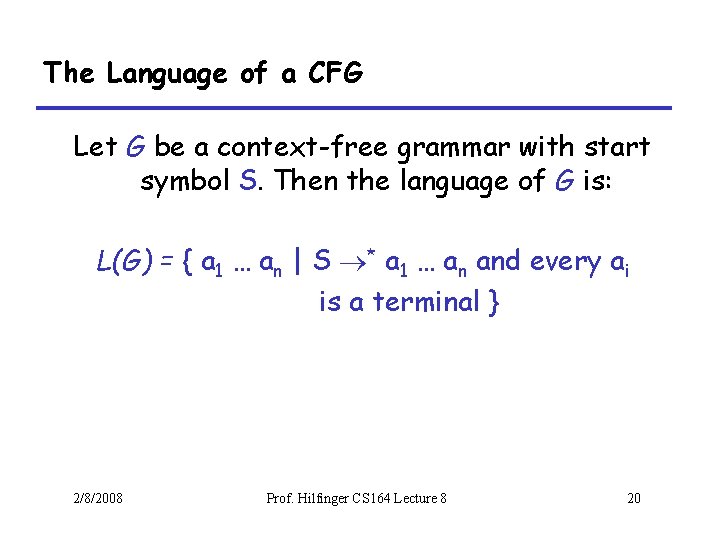 The Language of a CFG Let G be a context-free grammar with start symbol