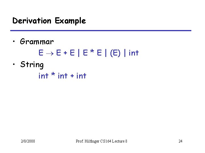 Derivation Example • Grammar E E + E | E * E | (E)