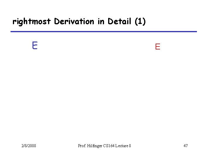 rightmost Derivation in Detail (1) E 2/8/2008 E Prof. Hilfinger CS 164 Lecture 8