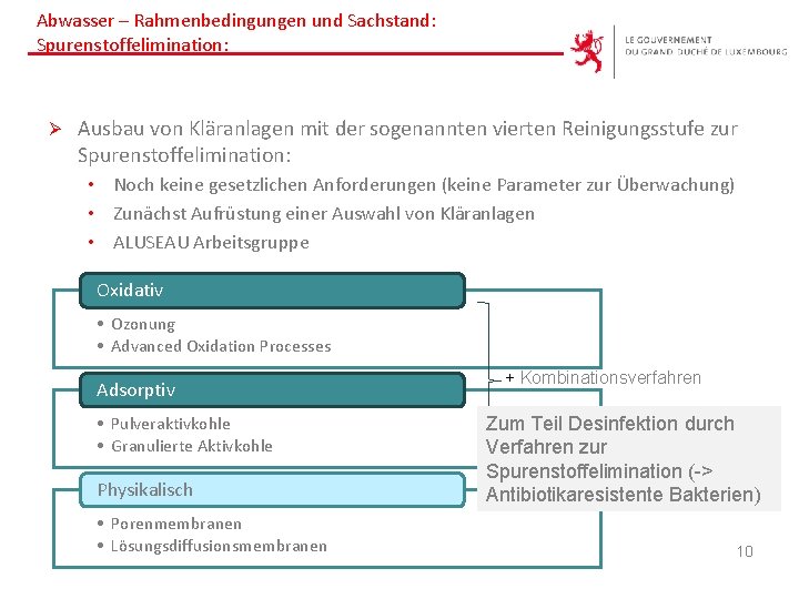 Abwasser – Rahmenbedingungen und Sachstand: Spurenstoffelimination: Ø Ausbau von Kläranlagen mit der sogenannten vierten