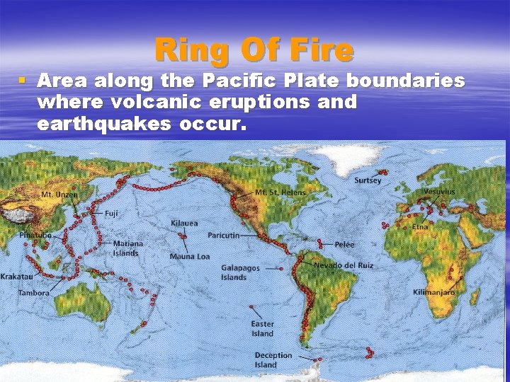 Ring Of Fire § Area along the Pacific Plate boundaries where volcanic eruptions and