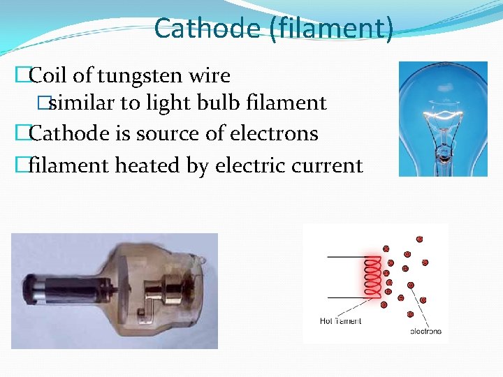 Cathode (filament) �Coil of tungsten wire �similar to light bulb filament �Cathode is source