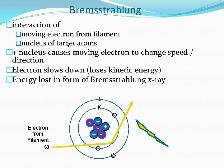 Bremsstrahlung �interaction of �moving electron from filament �nucleus of target atoms �+ nucleus causes