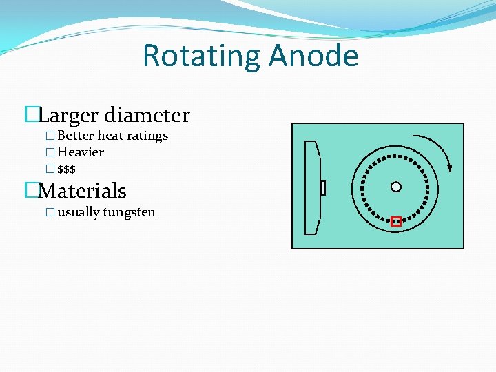 Rotating Anode �Larger diameter � Better heat ratings � Heavier � $$$ �Materials �