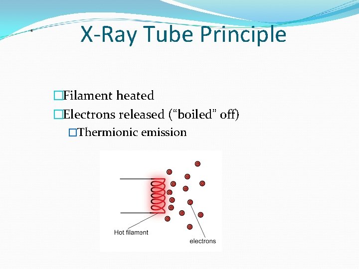 * X-Ray Tube Principle �Filament heated �Electrons released (“boiled” off) �Thermionic emission 
