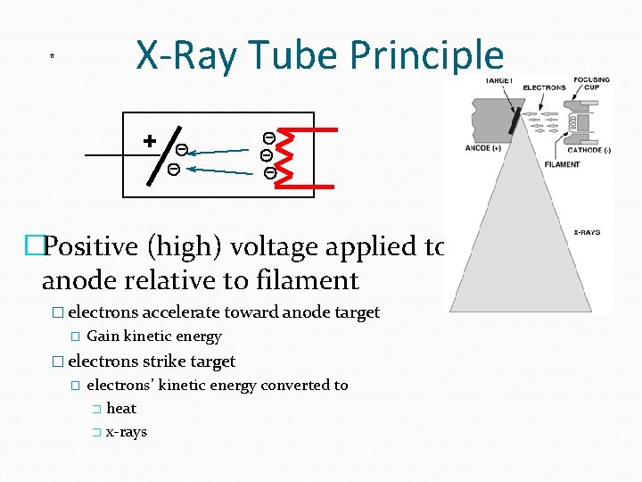 X-Ray Tube Principle * + �Positive (high) voltage applied to anode relative to filament