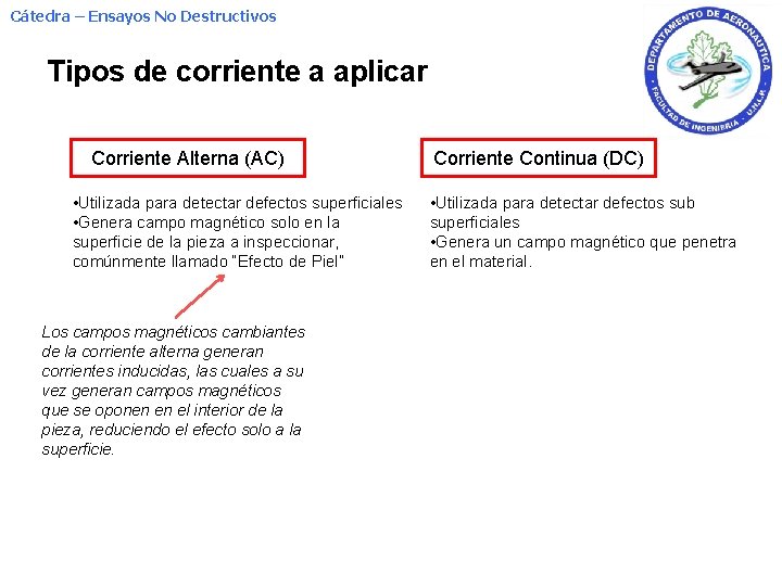 Cátedra – Ensayos No Destructivos Tipos de corriente a aplicar Corriente Alterna (AC) •