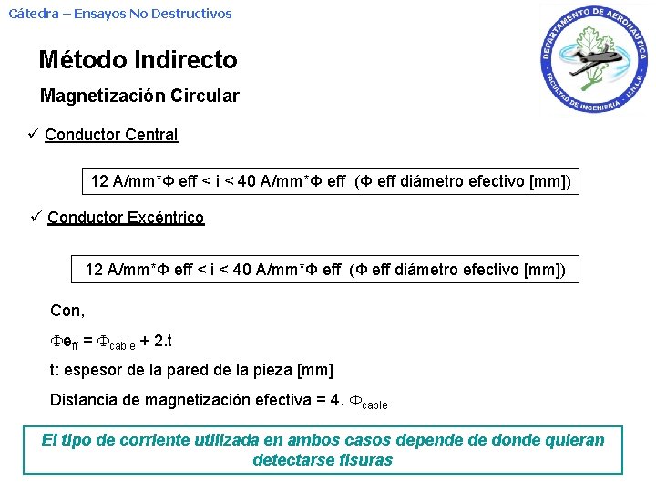 Cátedra – Ensayos No Destructivos Método Indirecto Magnetización Circular ü Conductor Central 12 A/mm*Ф