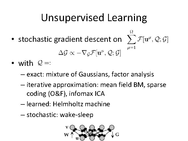 Unsupervised Learning • stochastic gradient descent on • with – exact: mixture of Gaussians,