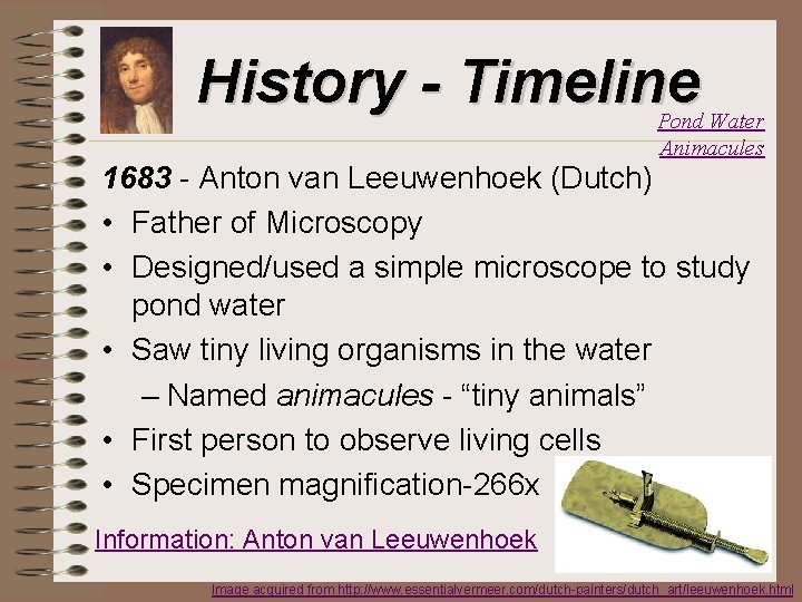 History - Timeline Pond Water Animacules 1683 - Anton van Leeuwenhoek (Dutch) • Father
