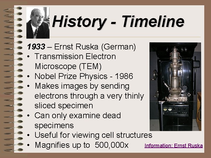 History - Timeline 1933 – Ernst Ruska (German) • Transmission Electron Microscope (TEM) •
