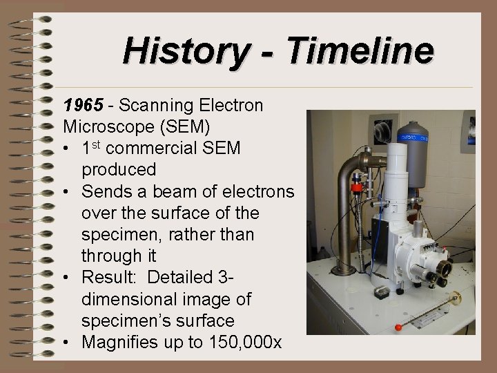 History - Timeline 1965 - Scanning Electron Microscope (SEM) • 1 st commercial SEM