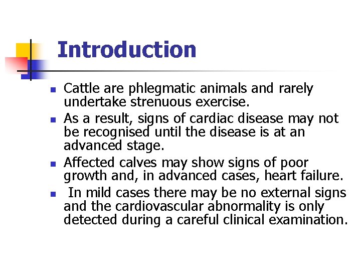Introduction n n Cattle are phlegmatic animals and rarely undertake strenuous exercise. As a