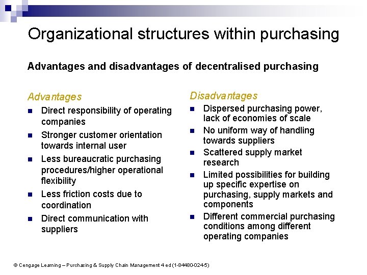 Organizational structures within purchasing Advantages and disadvantages of decentralised purchasing Advantages n n n
