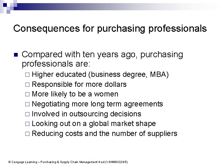 Consequences for purchasing professionals n Compared with ten years ago, purchasing professionals are: ¨