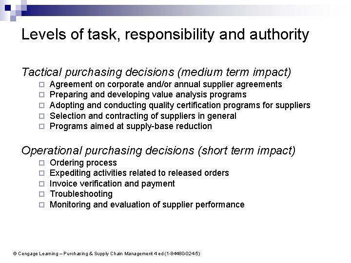 Levels of task, responsibility and authority Tactical purchasing decisions (medium term impact) ¨ ¨