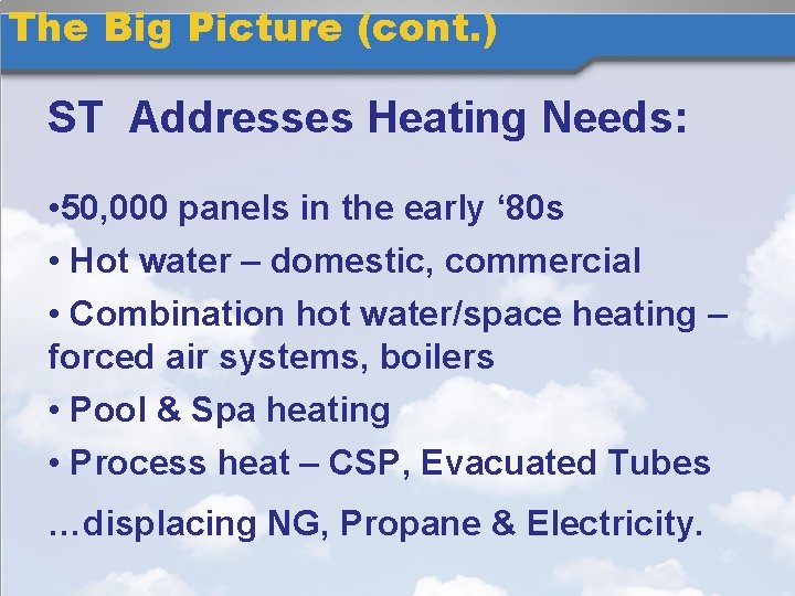 The Big Picture (cont. ) ST Addresses Heating Needs: • 50, 000 panels in