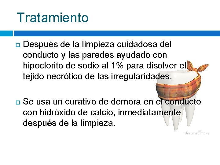 Tratamiento Después de la limpieza cuidadosa del conducto y las paredes ayudado con hipoclorito