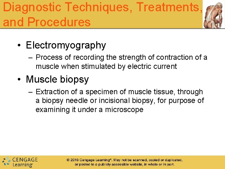 Diagnostic Techniques, Treatments, and Procedures • Electromyography – Process of recording the strength of Diagnostic Techniques, Treatments, and Procedures • Electromyography – Process of recording the strength of