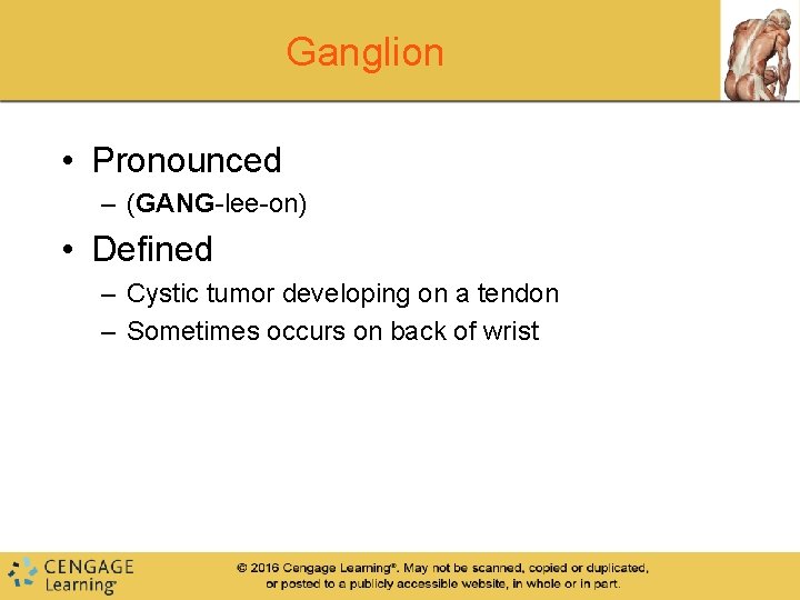 Ganglion • Pronounced – (GANG-lee-on) • Defined – Cystic tumor developing on a tendon Ganglion • Pronounced – (GANG-lee-on) • Defined – Cystic tumor developing on a tendon