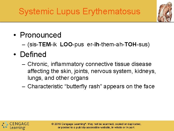 Systemic Lupus Erythematosus • Pronounced – (sis-TEM-ik LOO-pus er-ih-them-ah-TOH-sus) • Defined – Chronic, inflammatory Systemic Lupus Erythematosus • Pronounced – (sis-TEM-ik LOO-pus er-ih-them-ah-TOH-sus) • Defined – Chronic, inflammatory
