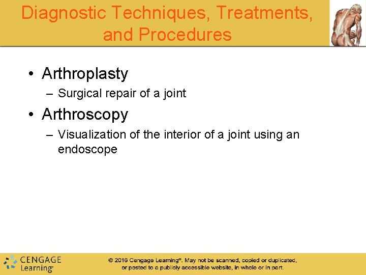 Diagnostic Techniques, Treatments, and Procedures • Arthroplasty – Surgical repair of a joint • Diagnostic Techniques, Treatments, and Procedures • Arthroplasty – Surgical repair of a joint •
