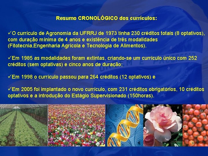 Resumo CRONOLÓGICO dos currículos: O currículo de Agronomia da UFRRJ de 1973 tinha 230