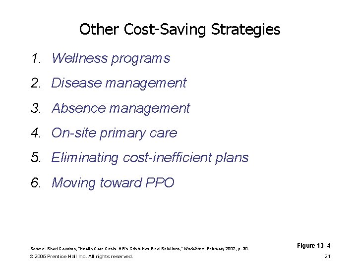 Other Cost-Saving Strategies 1. Wellness programs 2. Disease management 3. Absence management 4. On-site