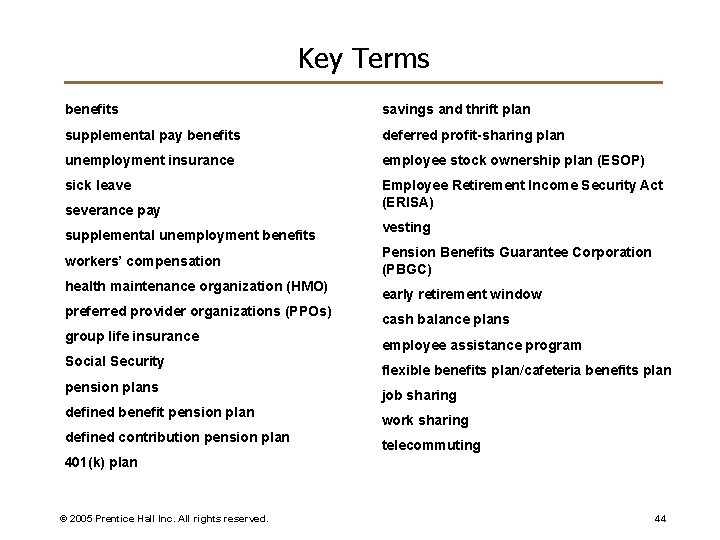 Key Terms benefits savings and thrift plan supplemental pay benefits deferred profit-sharing plan unemployment