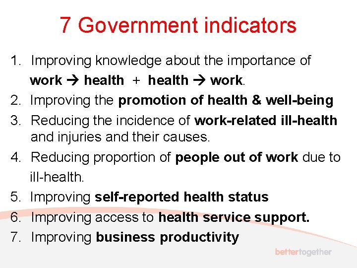 7 Government indicators 1. Improving knowledge about the importance of work health + health