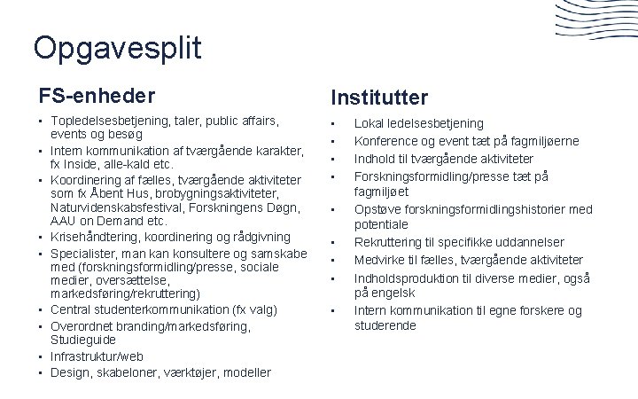 Opgavesplit FS-enheder Institutter • Topledelsesbetjening, taler, public affairs, events og besøg • Intern kommunikation