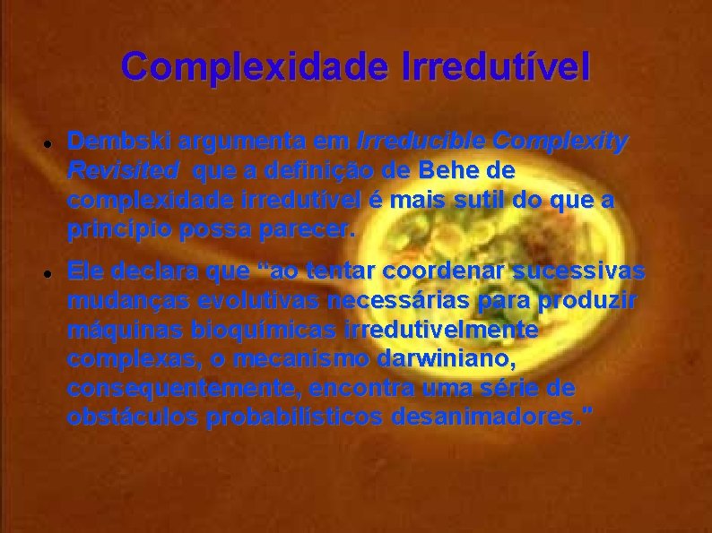 Complexidade Irredutível Dembski argumenta em Irreducible Complexity Revisited que a definição de Behe de