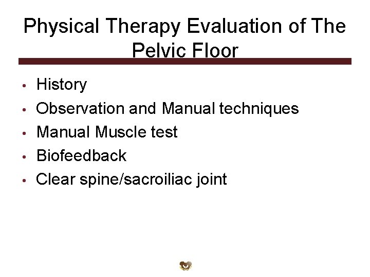 Physical Therapy Evaluation of The Pelvic Floor • • • History Observation and Manual