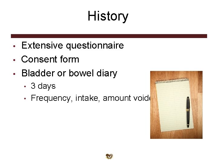 History • • • Extensive questionnaire Consent form Bladder or bowel diary • •