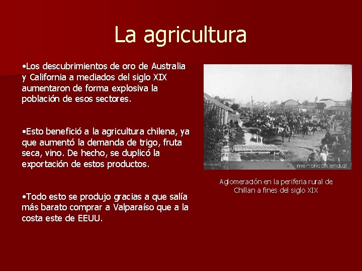 La agricultura • Los descubrimientos de oro de Australia y California a mediados del