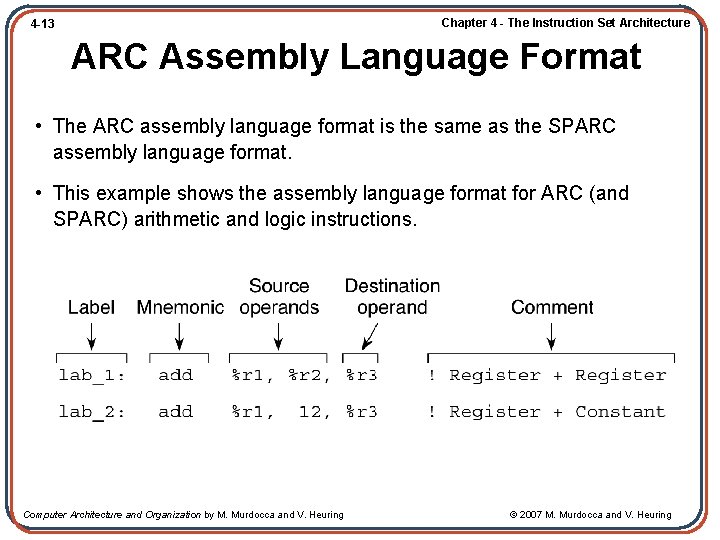 Chapter 4 - The Instruction Set Architecture 4 -13 ARC Assembly Language Format •