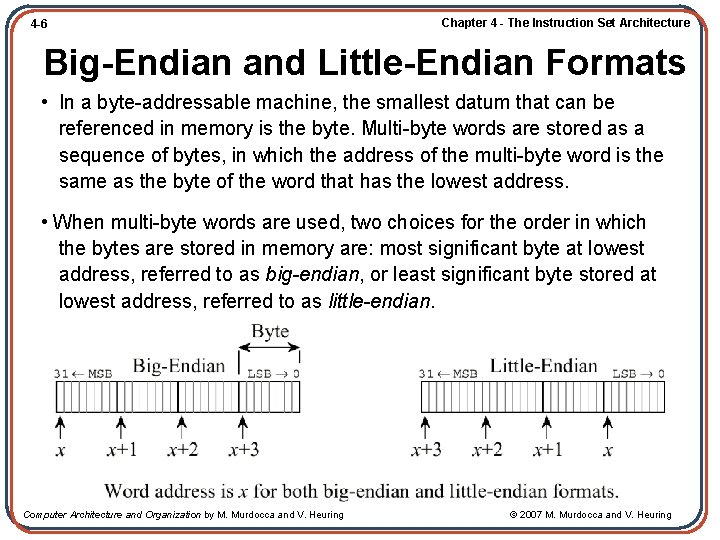 4 -6 Chapter 4 - The Instruction Set Architecture Big-Endian and Little-Endian Formats •