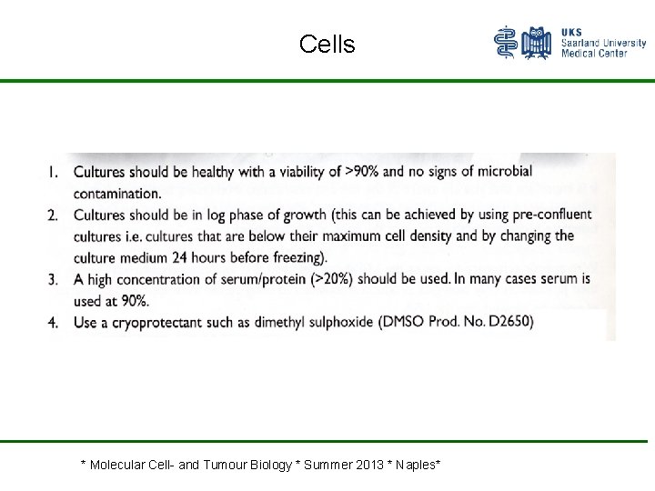 Cells * Molecular Cell- and Tumour Biology * Summer 2013 * Naples* 