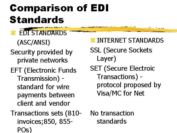 Comparison of EDI Standards z EDI STANDARDS (ASC/ANSI) Security provided by private networks EFT