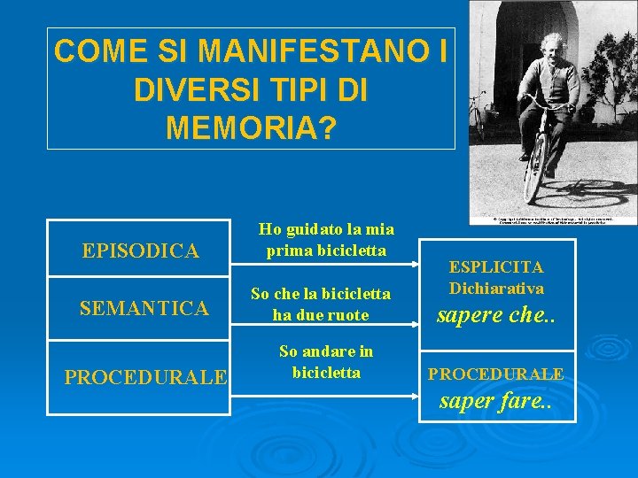 COME SI MANIFESTANO I DIVERSI TIPI DI MEMORIA? EPISODICA SEMANTICA PROCEDURALE Ho guidato la