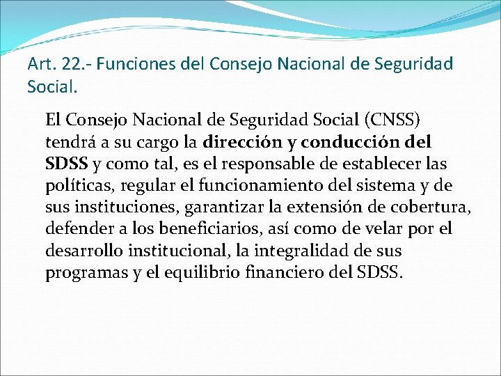 Art. 22. - Funciones del Consejo Nacional de Seguridad Social. El Consejo Nacional de